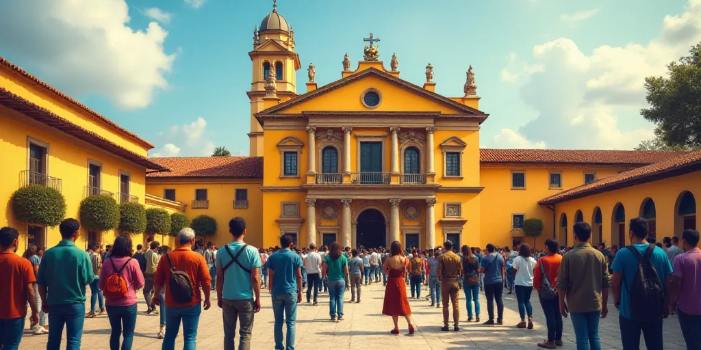 a group of people standing in front of a building with a crowd of people standing in front of it, Fe