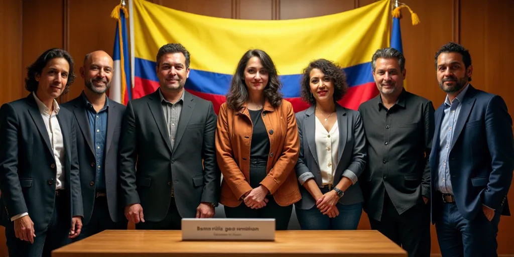 a group of people standing in front of a flag and a table with a plaque in front of them, Emma Ríos
