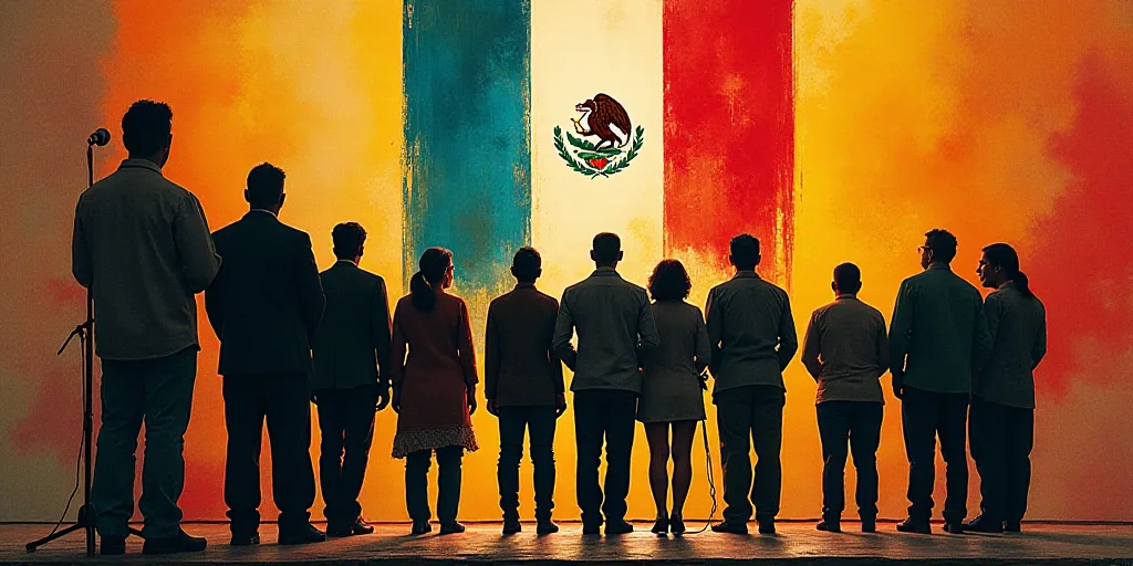 a group of people standing in front of a flag on a stage with a microphone in front of them, David A