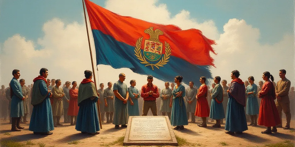a group of people standing in front of a flag and a flag banner with a plaque in front of them, Carl