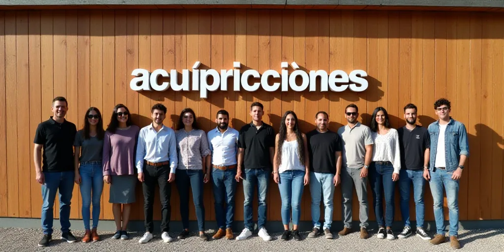 a group of people standing in front of a wooden wall with a sign that says acupricciones, Aquirax Un