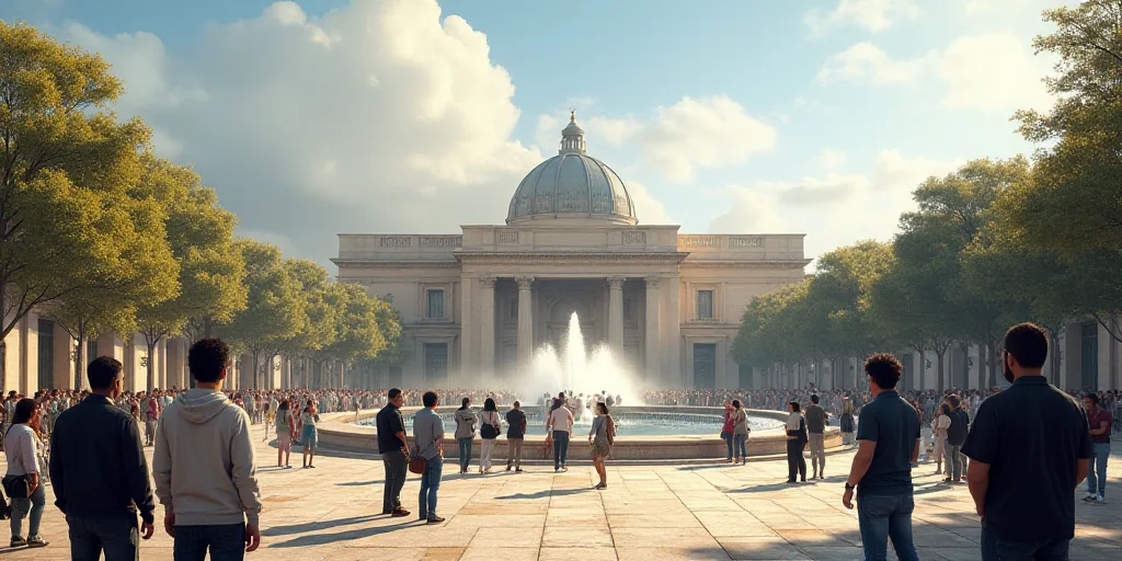a group of people standing in front of a building with a fountain in front of it and a crowd of peop