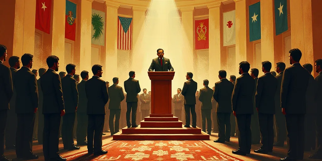 a group of people standing in front of a podium in a building with flags on it and a speaker, David