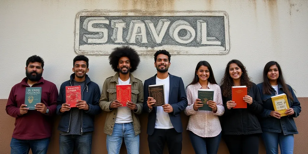 a group of people standing next to each other holding books in front of a wall with a sign on it, Ca