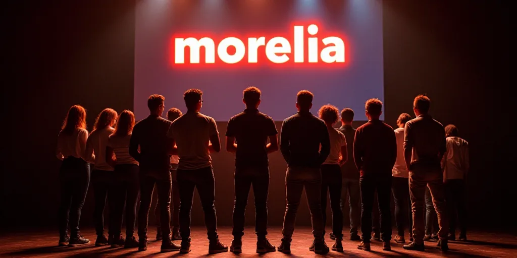 a group of people standing next to each other on a stage with a sign in the background that says mor