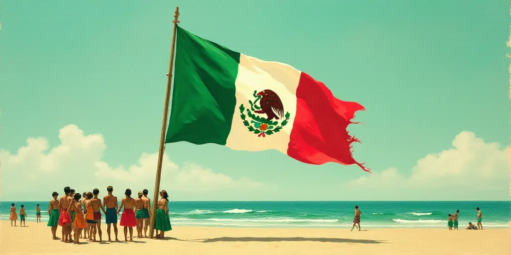 a group of people standing next to a large mexican flag kite on a beach in the ocean with people sta