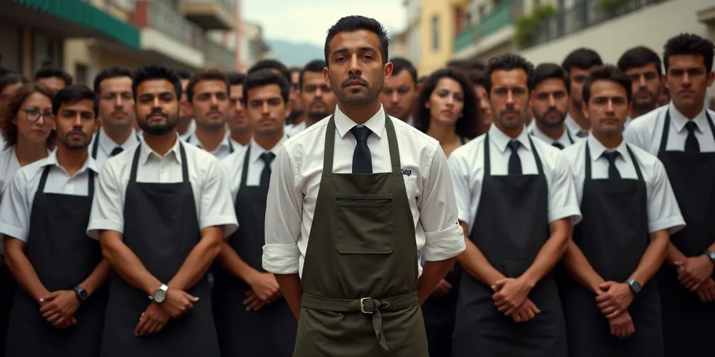 a group of people standing next to each other in front of a crowd of people wearing aprons and ties,