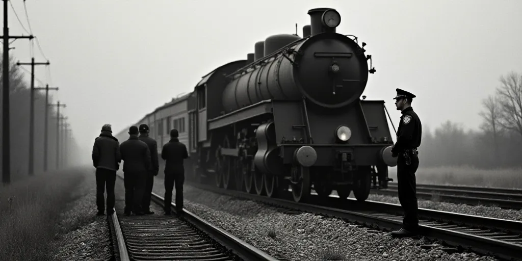 a group of people standing next to a train on a track with a police officer standing next to it, Est
