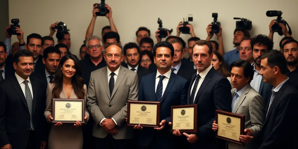 a group of people standing next to each other holding up plaques in front of a crowd of people with