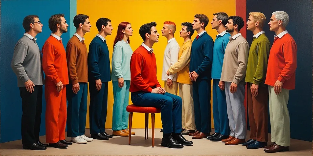 a group of people standing next to each other on a stage with a man in a red shirt on top of a chair