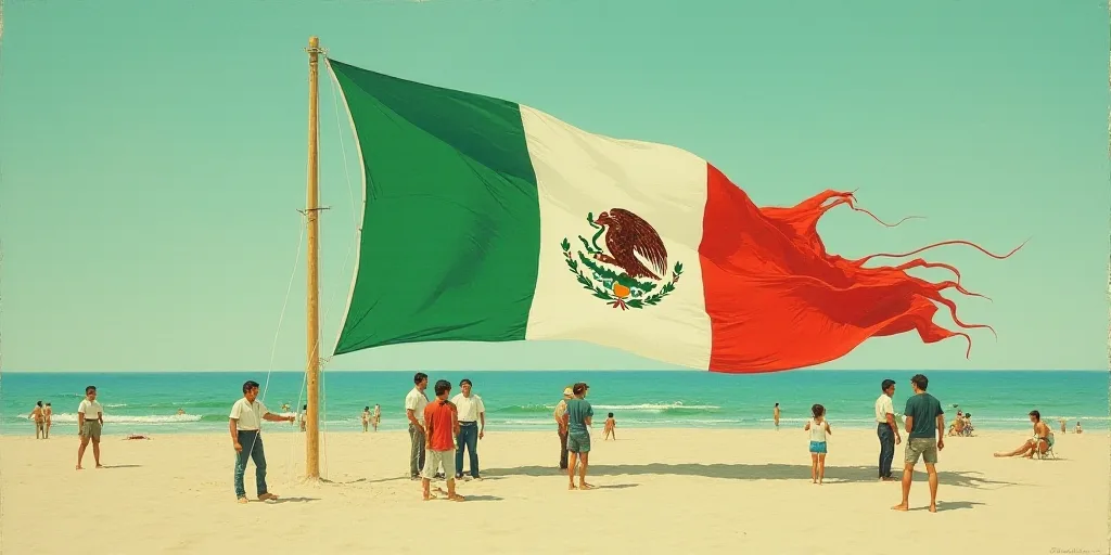 a group of people standing next to a large mexican flag kite on a beach in the ocean with people sta