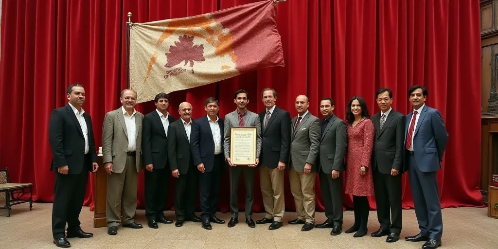a group of people standing next to each other in front of a red curtain and a flag with a man holdin