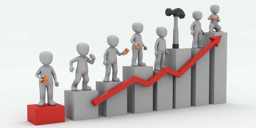 a group of people standing on top of a bar chart with tools in it and a hammer in the middle, Andrie