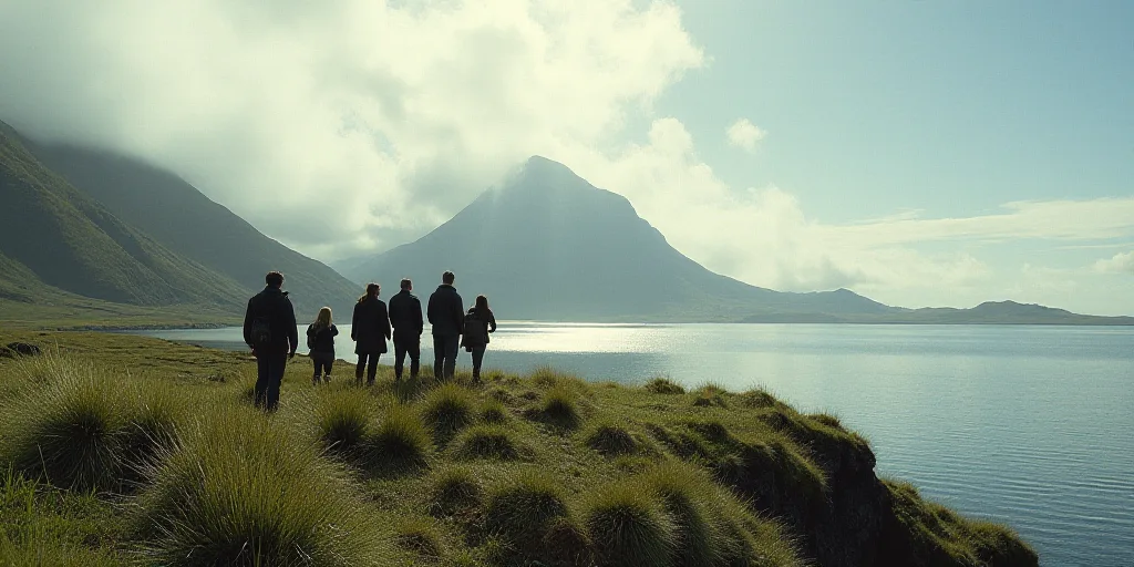 a group of people standing on top of a grass covered hillside next to a body of water with a mountai