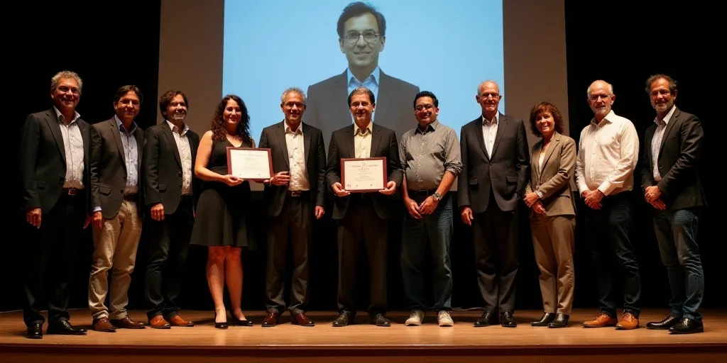 a group of people standing on a stage holding a plaque and a plaque in front of them with a screen b