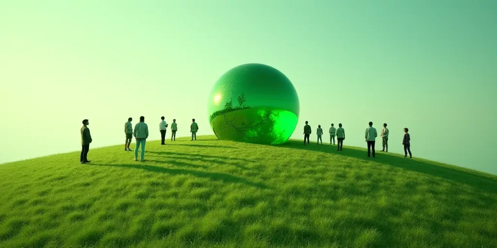 a group of people standing on a lush green hillside with a green globe in the middle of the image, B