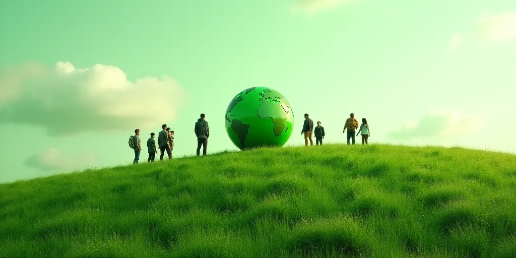 a group of people standing on a lush green hillside with a green globe in the middle of the image, B