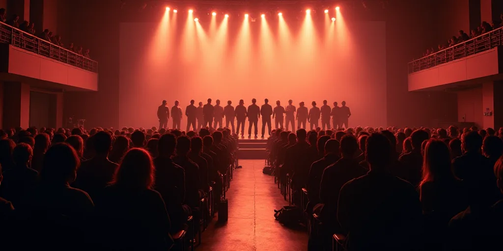 a group of people standing on a stage in front of a crowd of people in chairs in a building, Ceferí