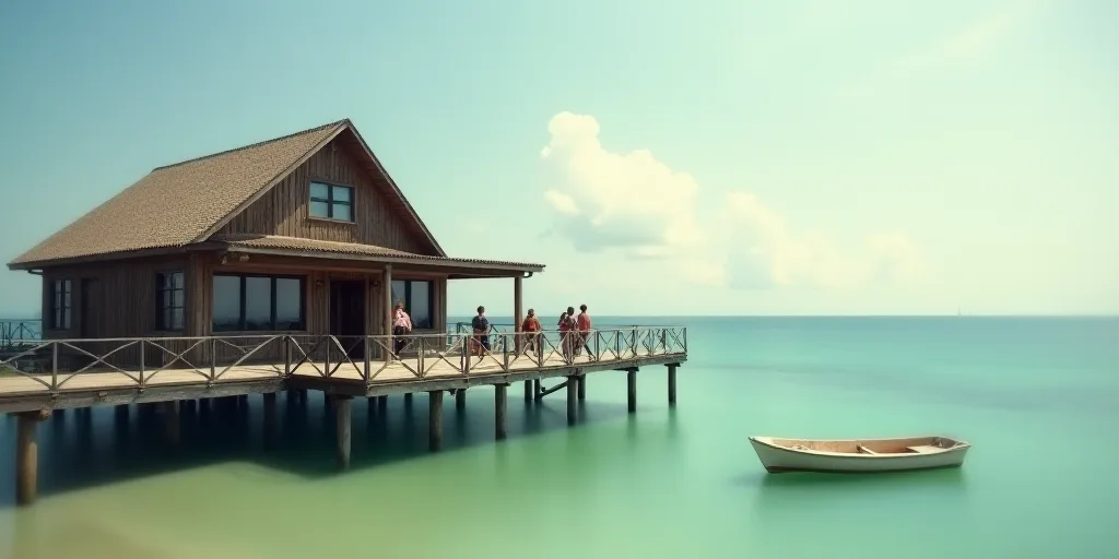 a group of people standing on a pier next to a house on the beach with a boat in the water, Estuardo