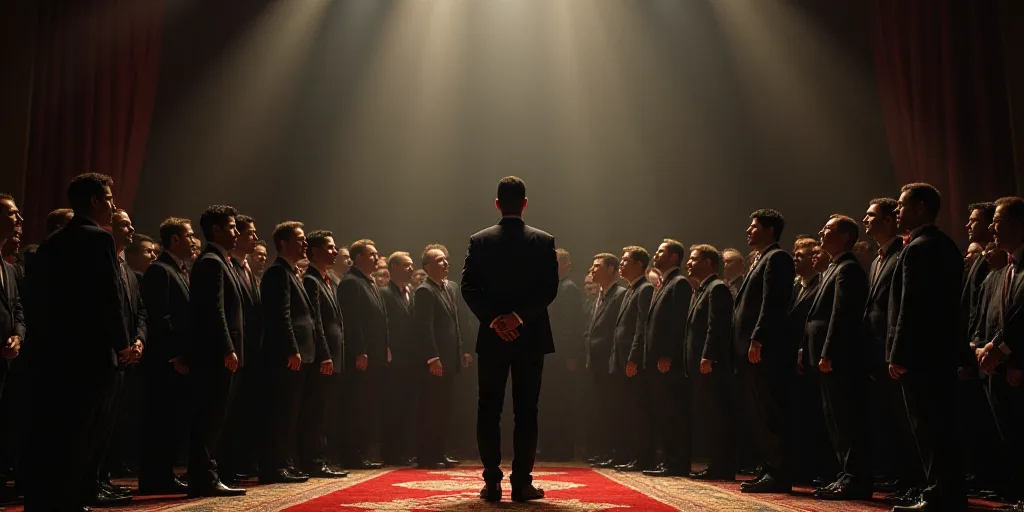 a group of people standing on a stage in front of a crowd of people in suits and ties,, Araceli Gilb
