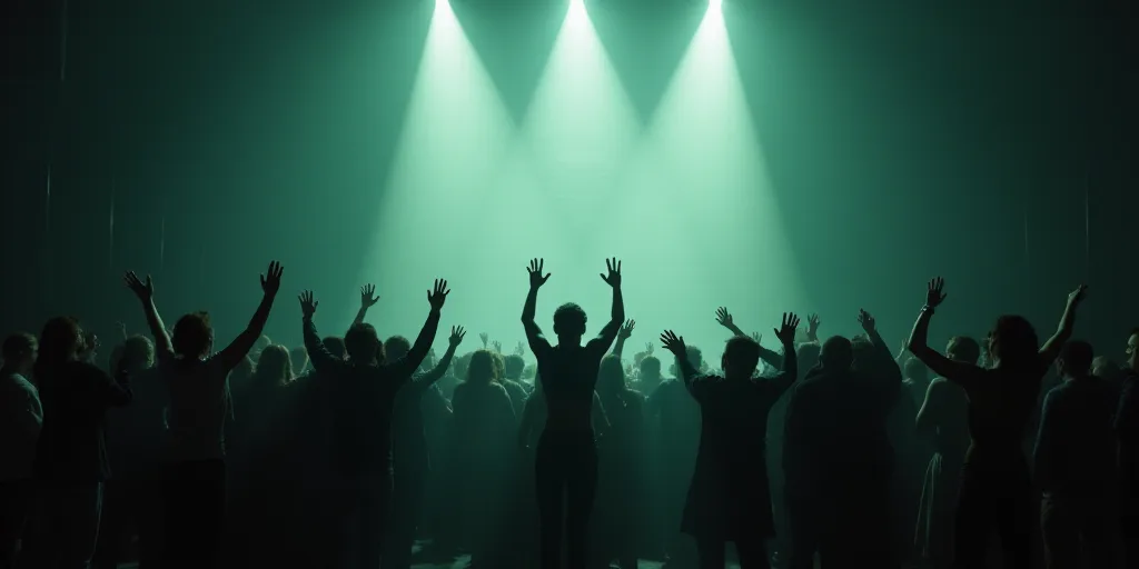 a group of people standing on a stage with their hands up in the air and clapping to someone else, E