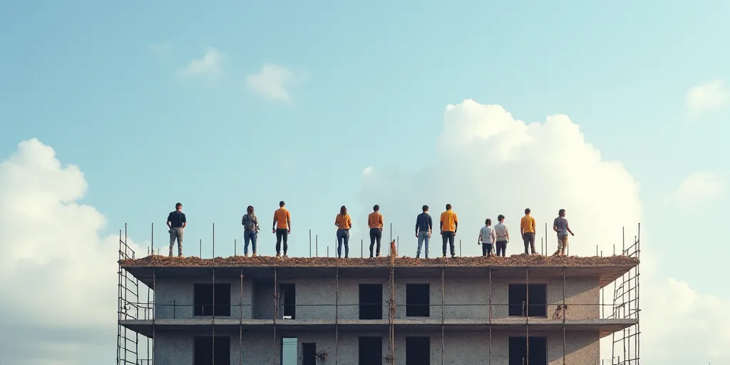 a group of people standing on top of a building under construction with a sky background and a few p
