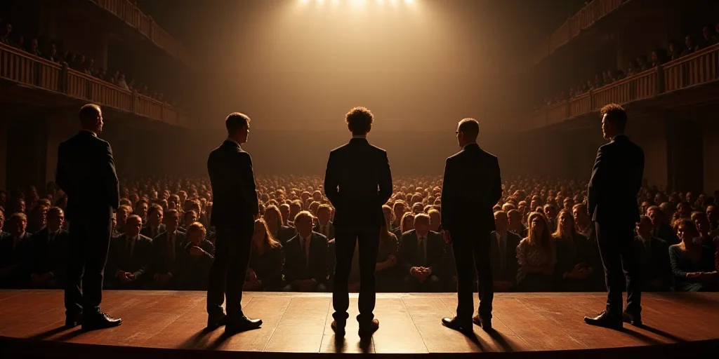 a group of people standing on a stage in front of a large audience of people in suits and ties, Carl