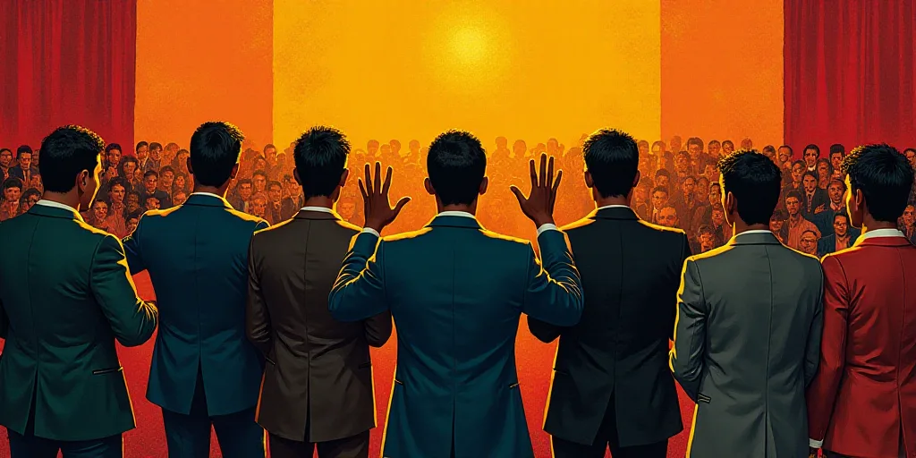 a group of people standing on a stage clapping hands in front of a crowd of people in suits and ties