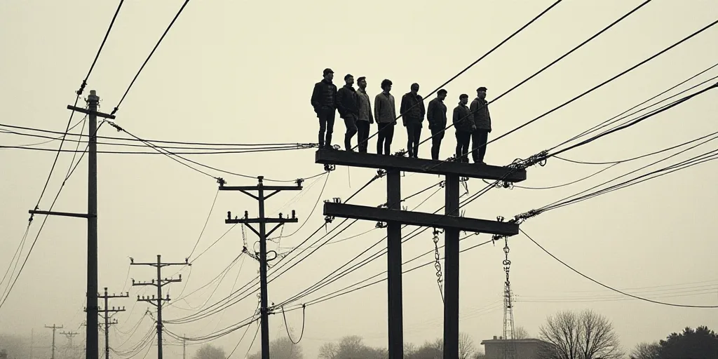 a group of people standing on top of a power line with wires attached to them and wires attached to