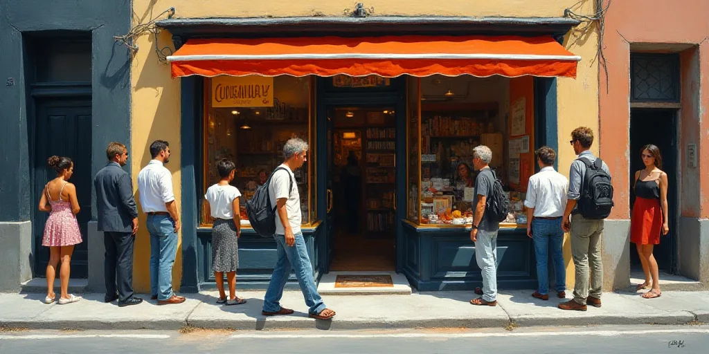 a group of people standing outside of a store front with a man walking by the entrance of the store,