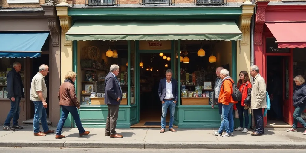 a group of people standing outside of a store front with a man walking by the entrance of the store,