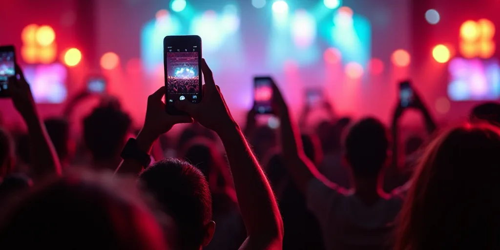 a group of people taking a picture with their cell phones at a festival with a crowd of people in th