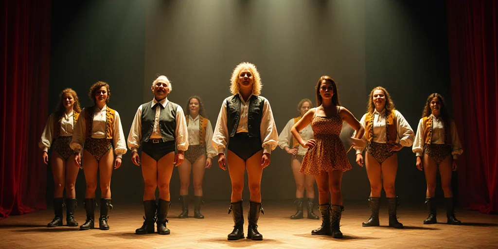 a group of people that are standing on a stage together in costume and boots and boots on their feet