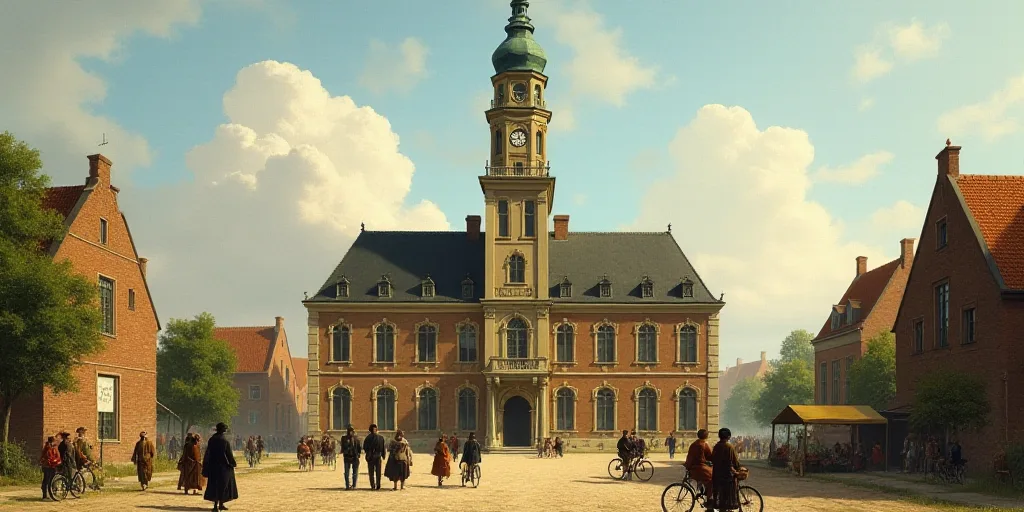 a group of people walking and riding bikes in front of a building with a clock tower on top of it, E