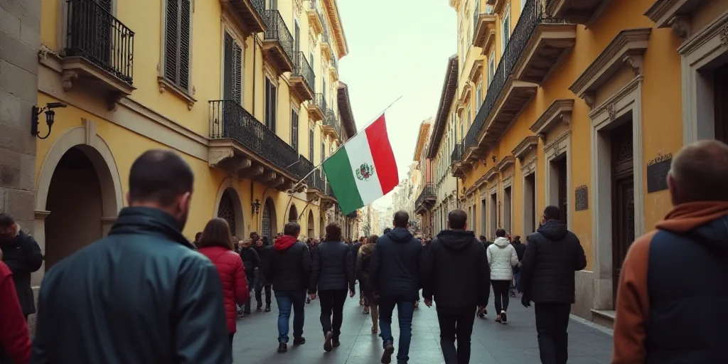 a group of people walking down a street next to a building with a flag on it's chest, Coppo di Marco