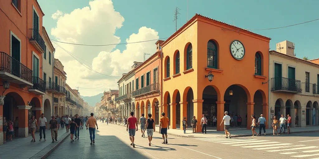 a group of people walking down a street next to a building with a clock on it's side, Aníbal Villac