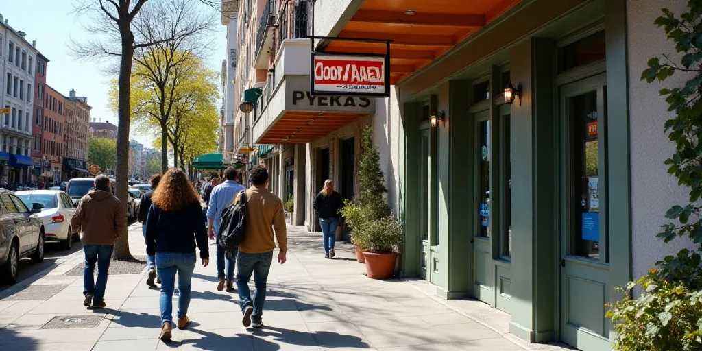 a group of people walking down a sidewalk next to a building with a sign on it that says, good sam,