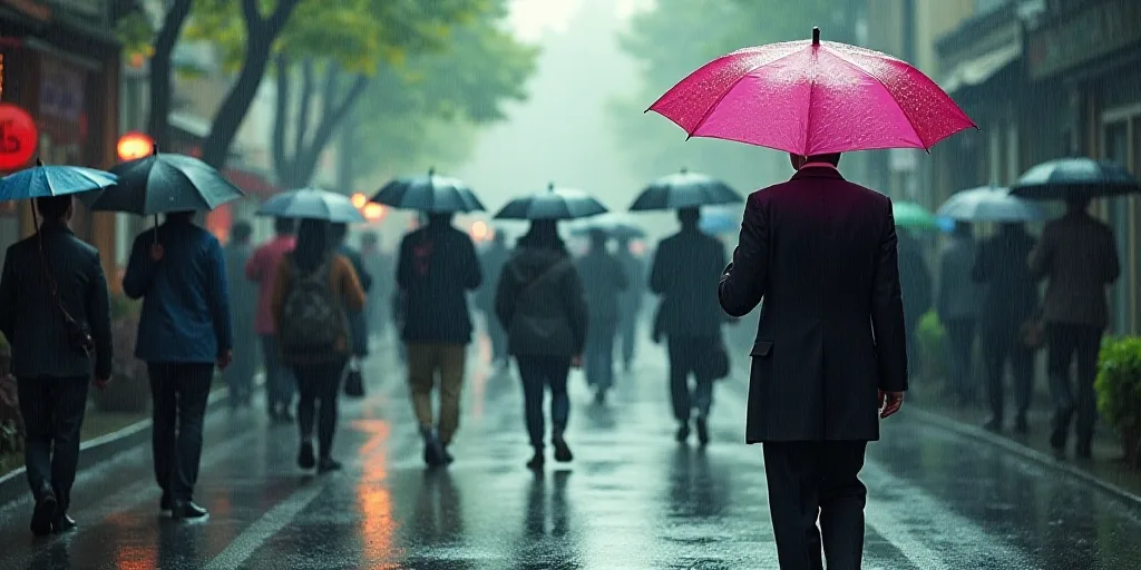 a group of people walking down a street in the rain with umbrellas over their heads and a man holdin