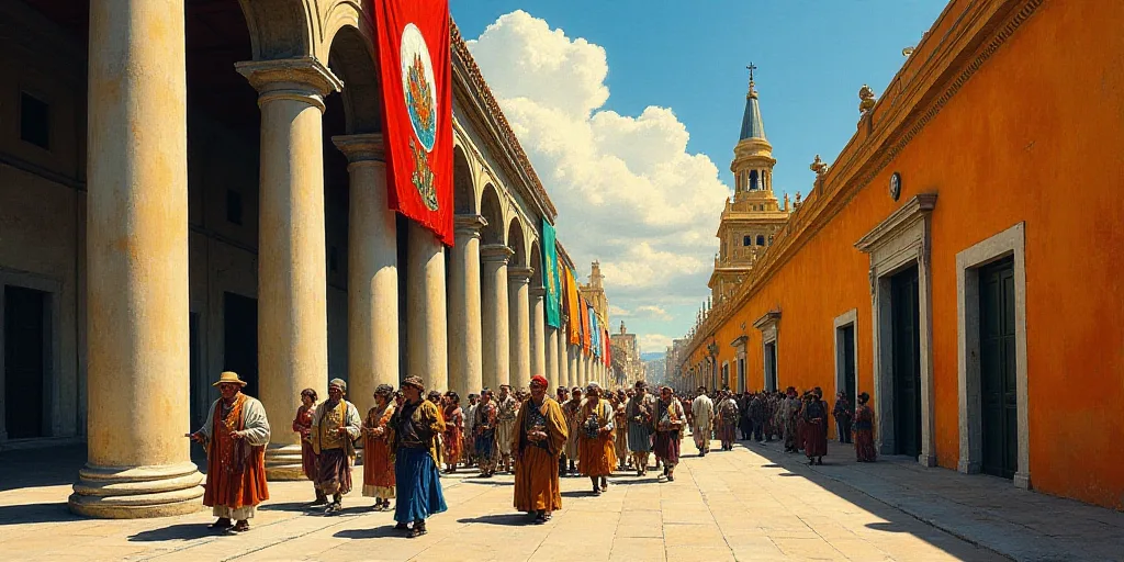 a group of people walking down a street next to tall buildings with columns and a flag painted on th