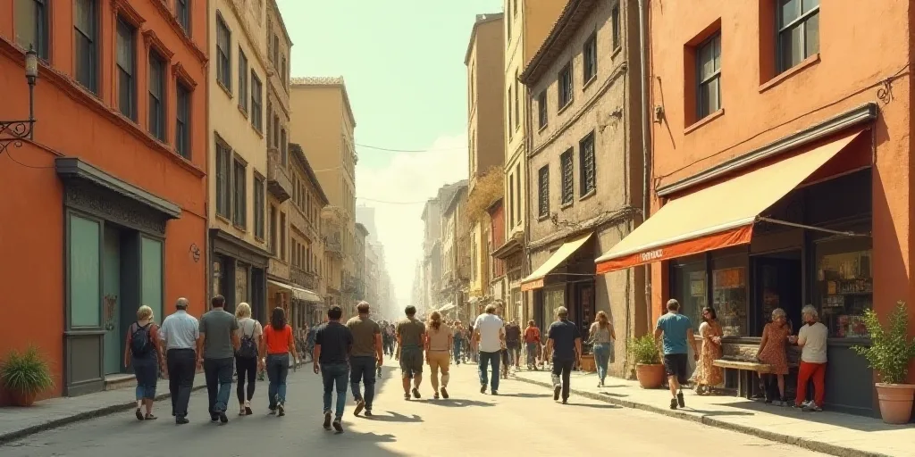 a group of people walking down a street next to tall buildings with a sign that reads bovesida, Edua