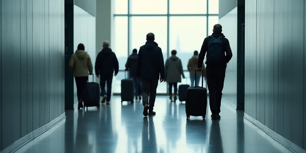 a group of people walking down a hallway with luggage bags on wheels and a man with a backpack on hi