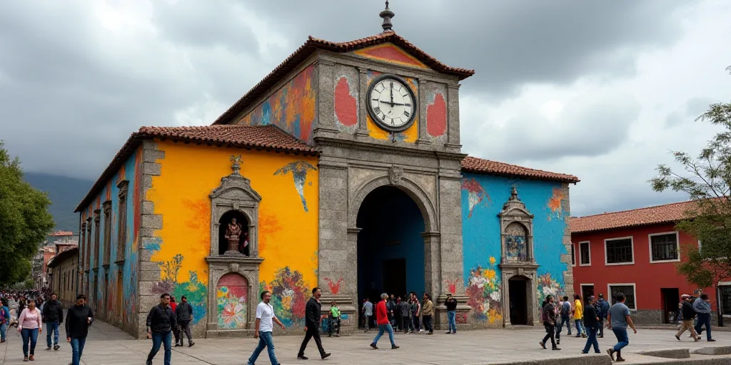 a group of people walking in front of a building with a clock on it's side and a sign that says mont