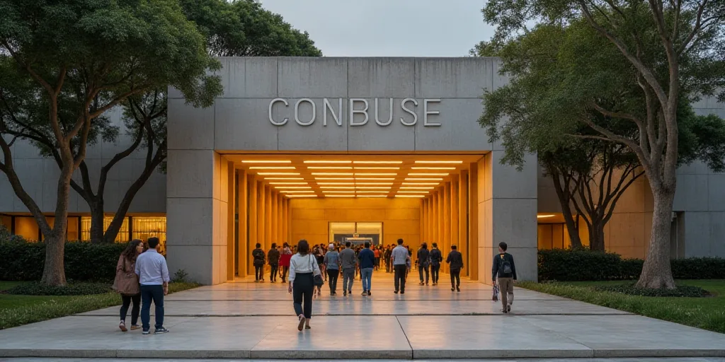 a group of people walking into a building with a sign on it that says conbuse, a national library of