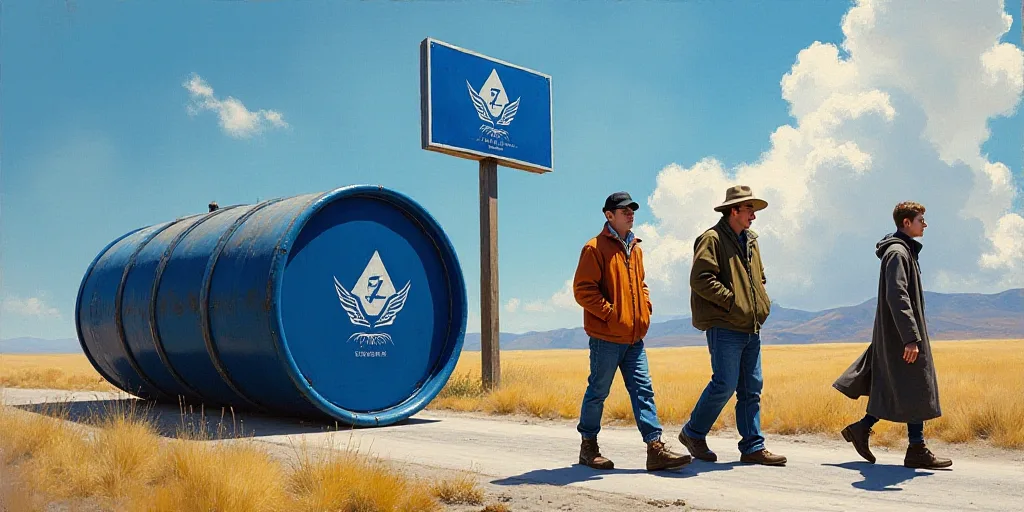a group of people walking past a blue barrel with a logo on it and a blue and white sign, Dahlov Ipc