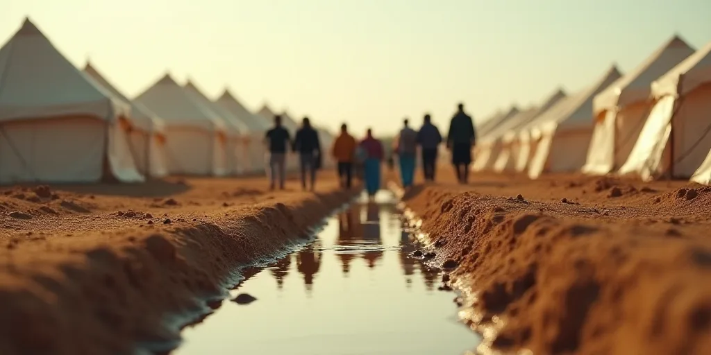 a group of people walking through a dirt field next to tents and a puddle of water in the dirt, Bouc