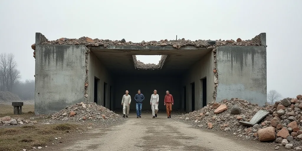 a group of people walking through a rubble covered building with a broken roof and a broken window o
