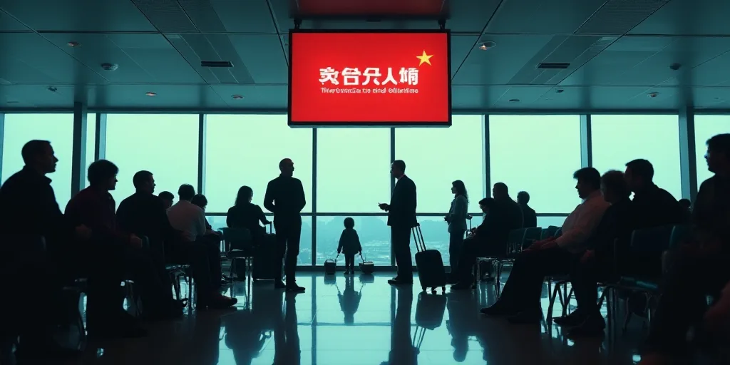 a group of people with luggage in an airport terminal with a tv above them that says air china on th