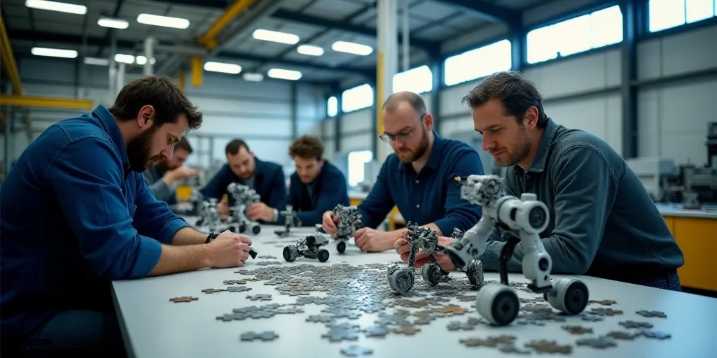 a group of people working on a project in a factory with a camera and equipment in the background an