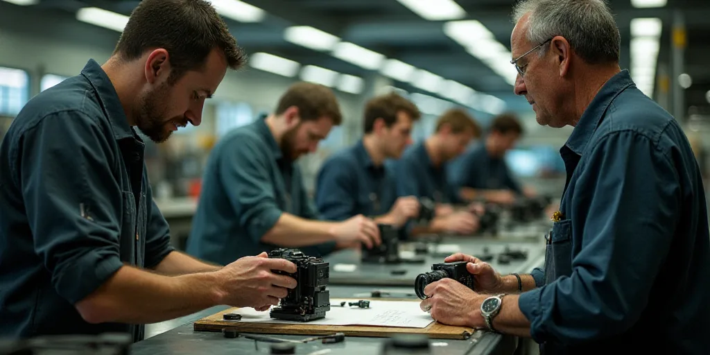 a group of people working on a project together in a factory or assembly line, with one man holding