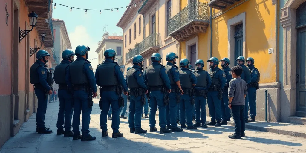 a group of police officers standing in a line on a street with a building in the background and a pe